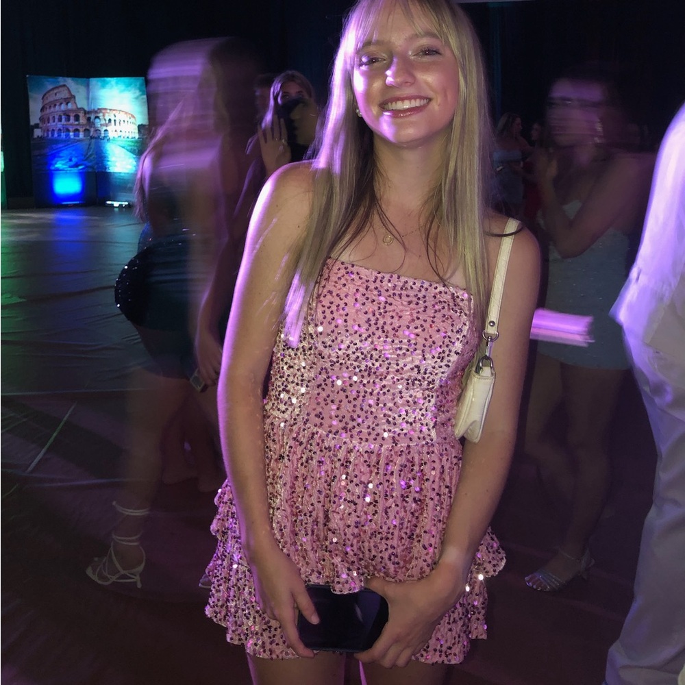 blush pink short homecoming dress, sequins tiered a-line mini prom dress